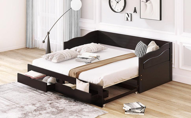 Wooden Daybed with Trundle Bed and TwoStorage Drawers , Extendable Bed Daybed,Sofa Bed with Two Drawers, Espresso