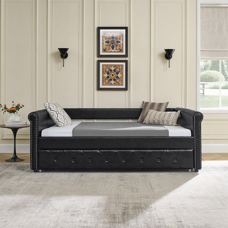 Daybed with Trundle Upholstered Tufted Sofa Bed, with Button and Copper Nail on Arms，Full Daybed & Twin Trundle, PU Black（85.5“x57”x30.5“）
