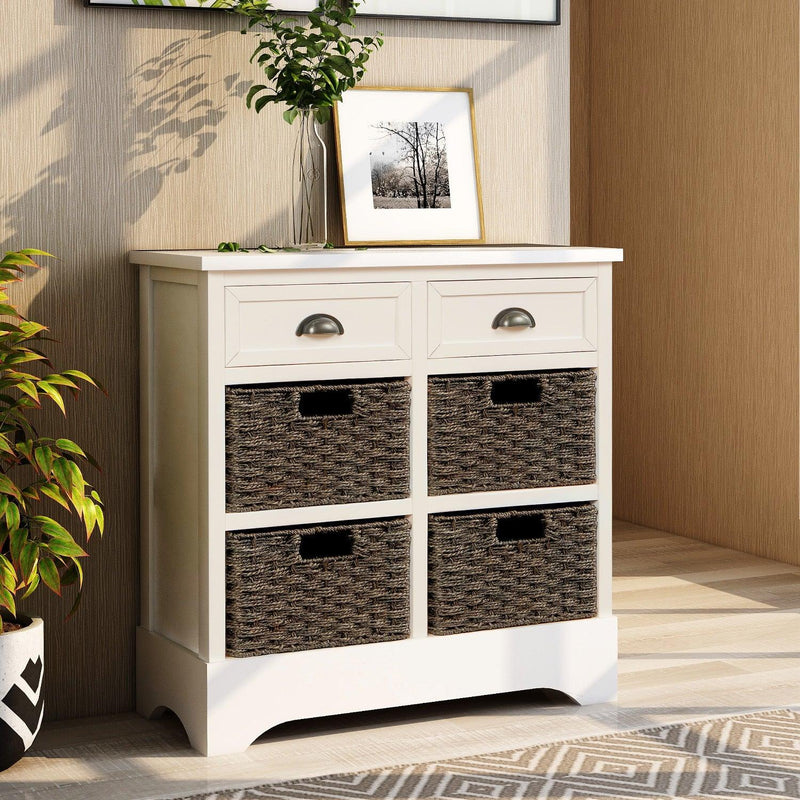 RusticStorage Cabinet with Two Drawers and Four  Classic Rattan Basket for Dining Room/Living Room (White)