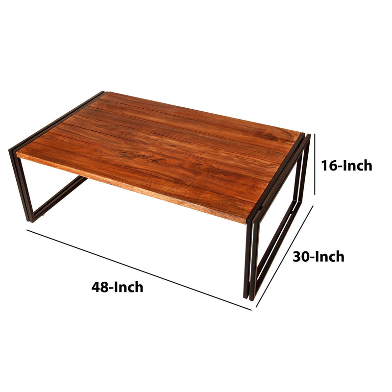 48 Inch Wooden Coffee Table with Double Metal Sled Base, Brown and Black