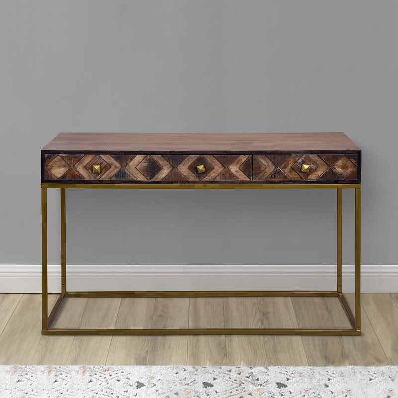 51 Inch 3 Drawer ManWood Console Table, Diamond Textured Panels, Metal Frame, Brown