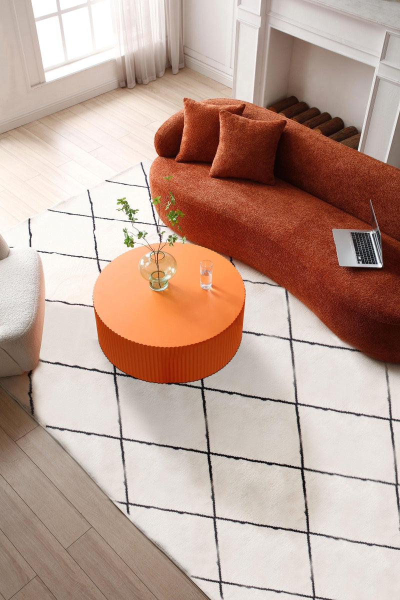 Stylish Round MDF Coffee Table with Handcraft Relief Design φ35.43inch, Bright Orange - Urban Living Furniture (Los Angeles, CA)