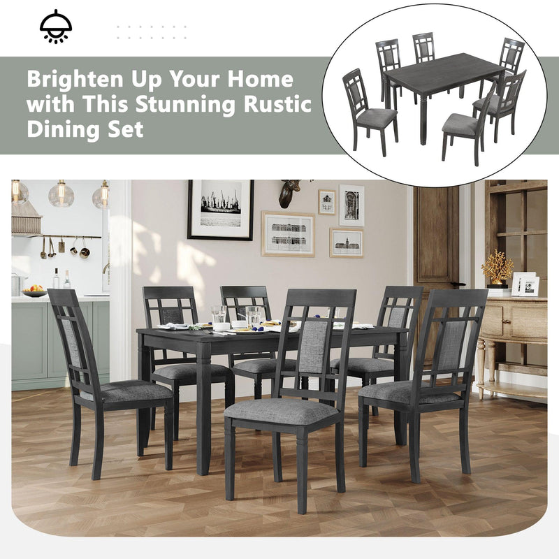 7-Piece Farmhouse Rustic Wooden Dining Table Set Kitchen Furniture Set with 6 Padded Dining Chairs, Gray - Urban Living Furniture (Los Angeles, CA)