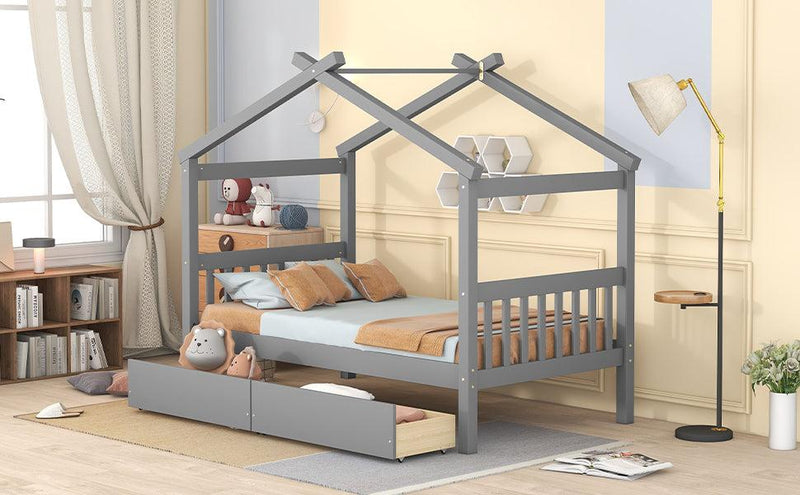 Twin Size Wooden House Bed with Drawers, Gray - Urban Living Furniture (Los Angeles, CA)