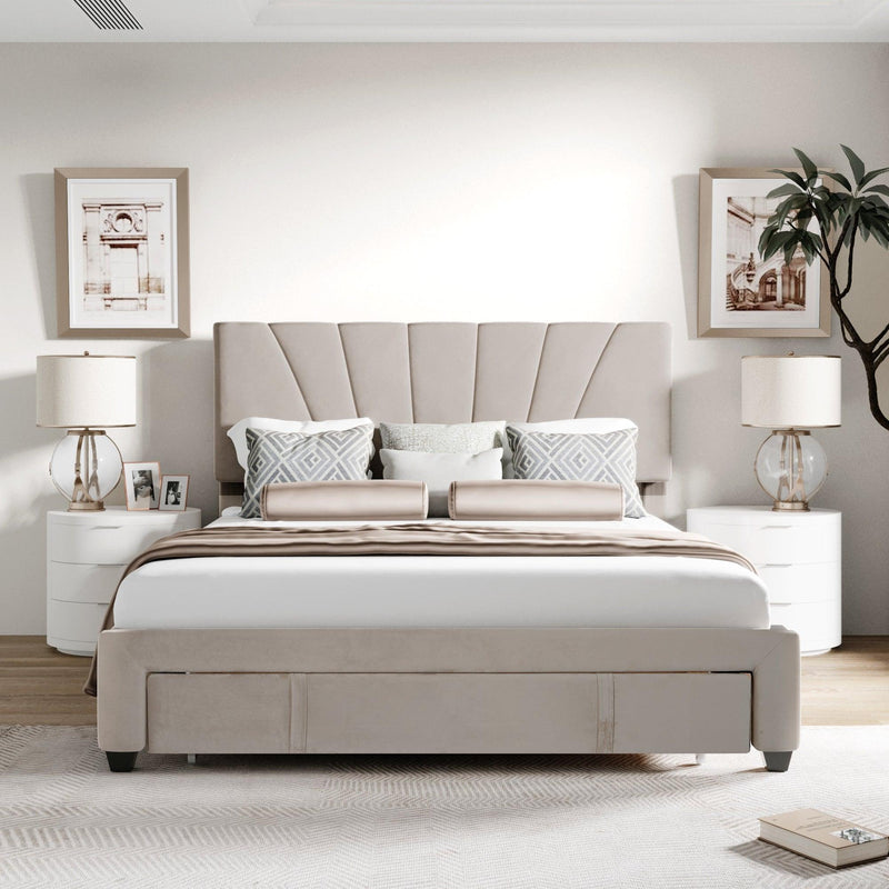 Queen SizeStorage Bed Velvet Upholstered Platform Bed with a Big Drawer - Beige - Urban Living Furniture (Los Angeles, CA)