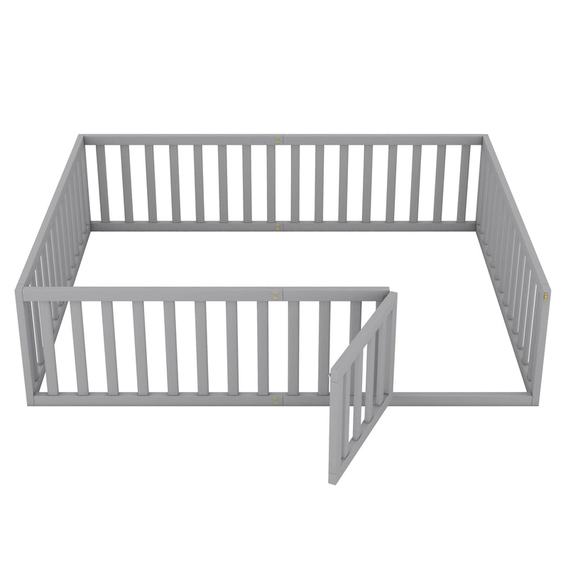 Queen Size Wood Floor Bed Frame with Fence and Door, Gray - Urban Living Furniture (Los Angeles, CA)