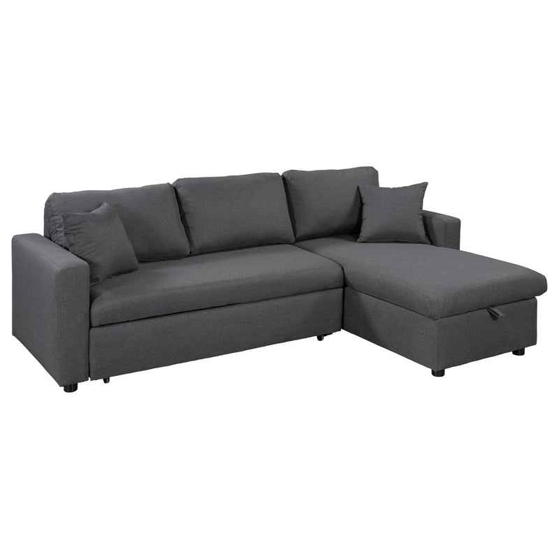 Upholstery  Sleeper Sectional Sofa Grey withStorage Space, 2 Tossing Cushions