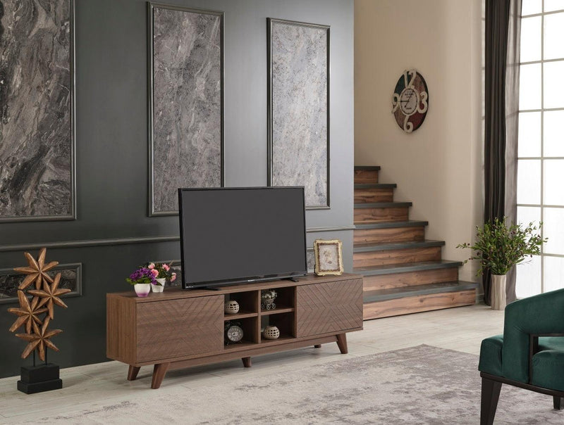 Lina Mid CenturyModern Tv Stand 2 Door Cabinet 4 Cubby Hole Shelves 67 inch Tv Unit, Walnut - Urban Living Furniture (Los Angeles, CA)