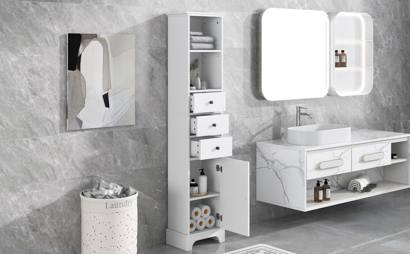 White Tall Bathroom Cabinet, FreestandingStorage Cabinet with 3 Drawers and Adjustable Shelf, MDF Board with Painted Finish - Urban Living Furniture (Los Angeles, CA)