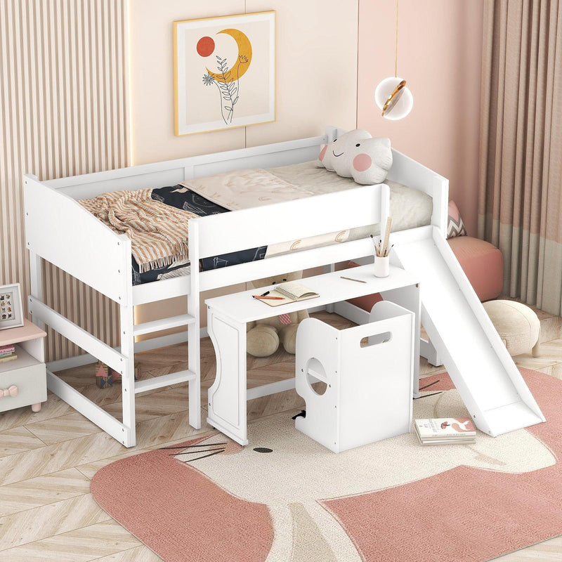 Low Study Twin Loft Bed with Rolling Portable Desk and Chair,Multiple Functions Bed- White - Urban Living Furniture (Los Angeles, CA)