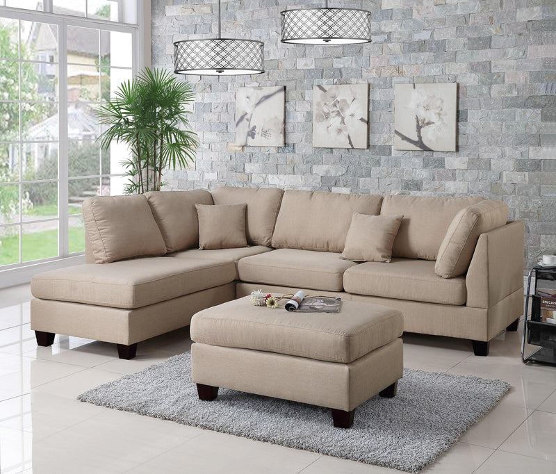 Sand Color 3pcs Sectional Living Room Furniture Reversible Chaise Sofa And Ottoman Polyfiber Linen Like Fabric Cushion Couch - Urban Living Furniture (Los Angeles, CA)