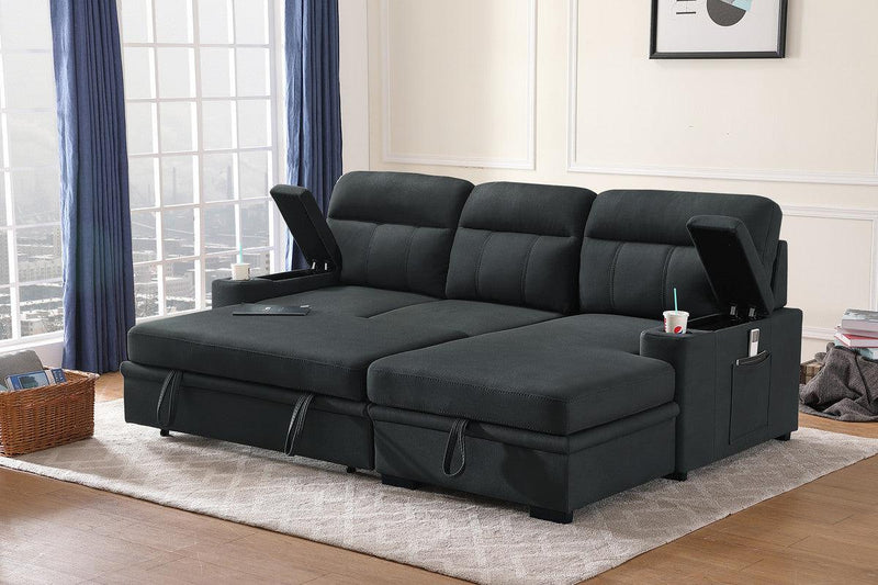 Kaden Black Fabric Sleeper Sectional Sofa Chaise withStorage Arms and Cupholder - Urban Living Furniture (Los Angeles, CA)