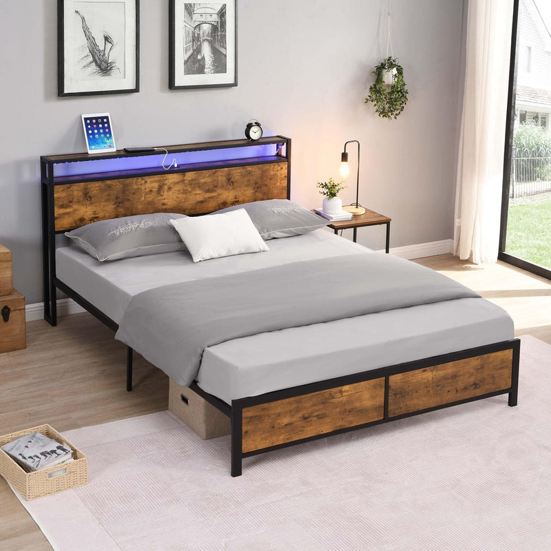 Industrial Queen Bed Frame with LED Lights and 2 USB Ports, Bed Frame Queen Size withStorage, Noise Free, No Box Spring Needed, Rustic Brown - Urban Living Furniture (Los Angeles, CA)