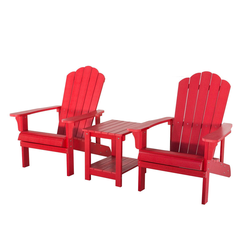 Key West 3 Piece Outdoor Patio All-Weather Plastic Wood Adirondack Bistro Set, 2 Adirondack chairs, and 1 small, side, end table set for Deck, Backyards, Garden, Lawns, Poolside, and Beaches, Red