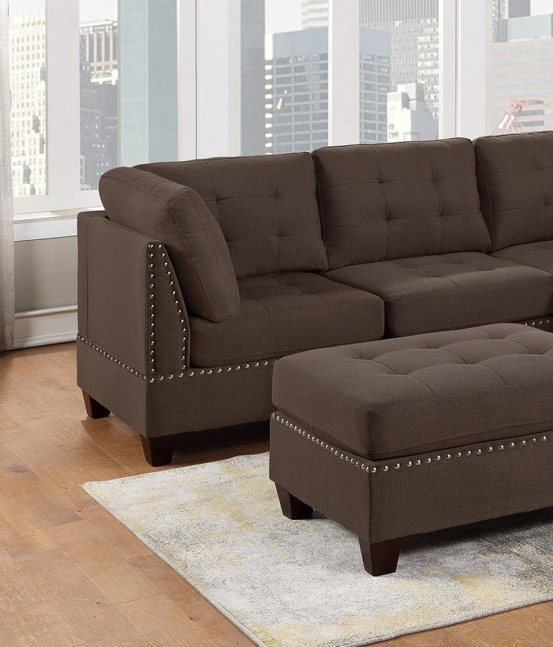 Modular Sectional 4pc Set Living Room Furniture Corner Small L-Sectional Black Coffee Linen Like Fabric Tufted Nail heads 2x Corner Wedge 1x Armless Chair and 1x Ottoman - Urban Living Furniture (Los Angeles, CA)