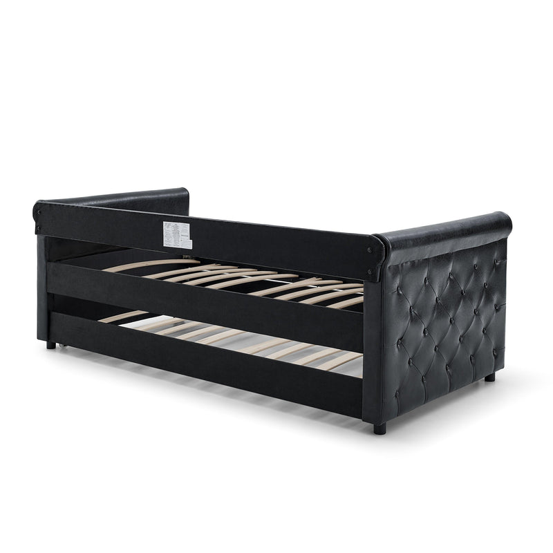 Daybed with Trundle Upholstered Tufted Sofa Bed, with Button and Copper Nail on Arms，both Twin Size, PU Black（85.5“x42”x30.5“）