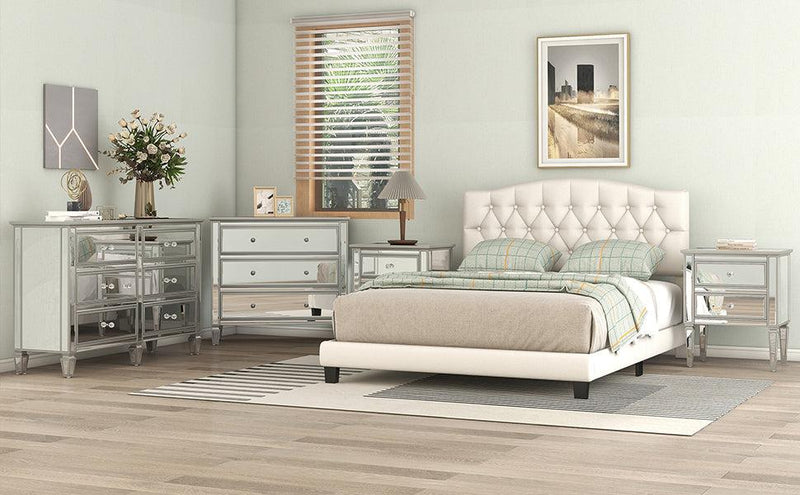 Upholstered Platform Bed with Saddle Curved Headboard and Diamond Tufted Details, King, Beige - Urban Living Furniture (Los Angeles, CA)