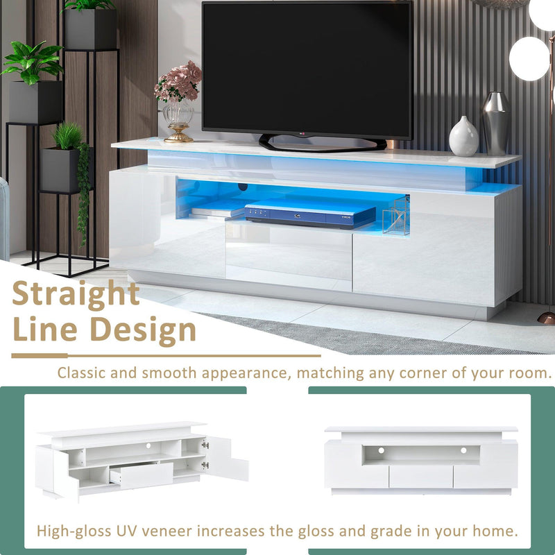 Modern, Stylish Functional TV stand with Color Changing LED Lights, Universal Entertainment Center, High Gloss TV Cabinet for 75+ inch TV, White