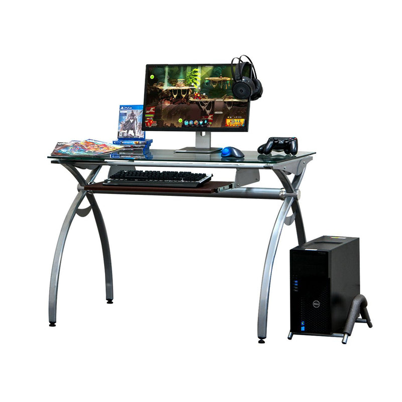 Techni Mobili Contempo Clear Glass Top Computer Desk with Pull Out Keyboard Panel, Clear - Urban Living Furniture (Los Angeles, CA)