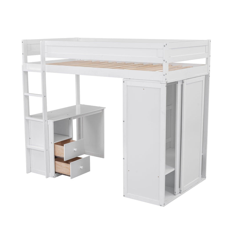 Wood Twin Size Loft Bed with Wardrobes and 2-Drawer Desk with Cabinet, White - Urban Living Furniture (Los Angeles, CA)