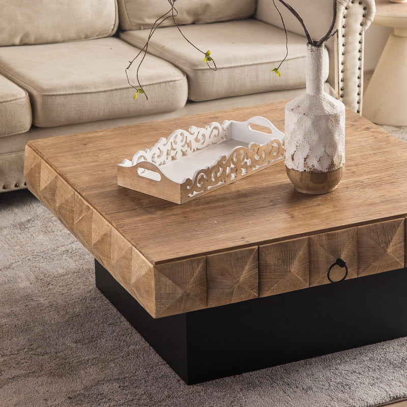 41.33"Three-dimensional Embossed  Pattern Square Retro Coffee Table with 2 Drawers and MDF Base