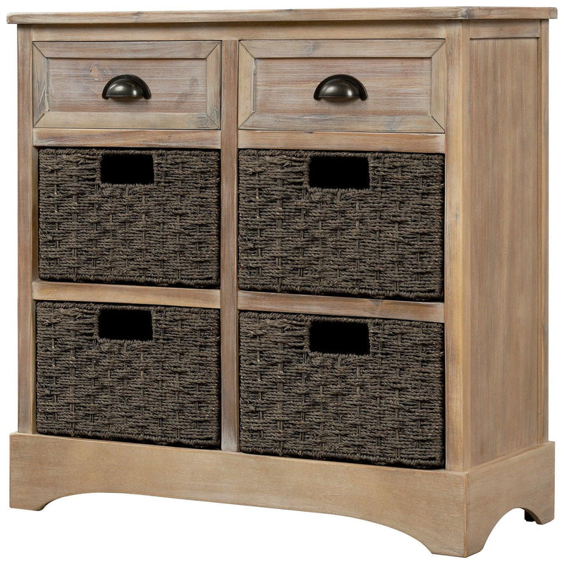 RusticStorage Cabinet with Two Drawers and Four Classic Rattan Basket for Dining Room/Living Room (White Washed) - Urban Living Furniture (Los Angeles, CA)