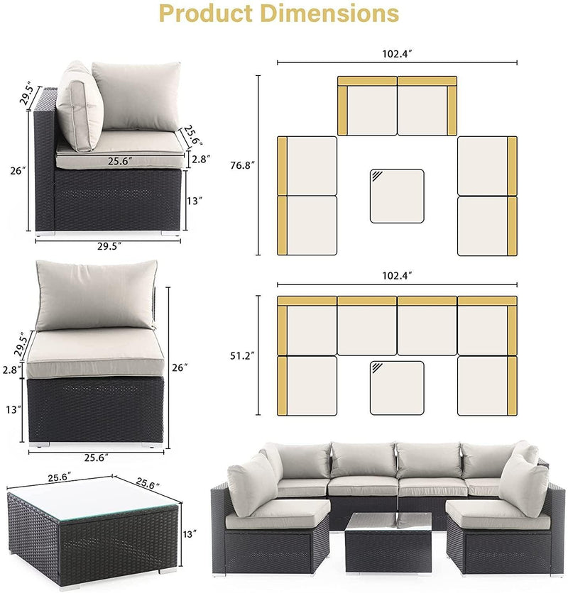 Outdoor Patio Furniture, 7 Pieces Outdoor Sectional PE Rattan Wicker Patio Furniture Sets, All Weather Backyard Conversation Seat with Cushion and Glass Coffee Side Table (Beige) - Urban Living Furniture (Los Angeles, CA)