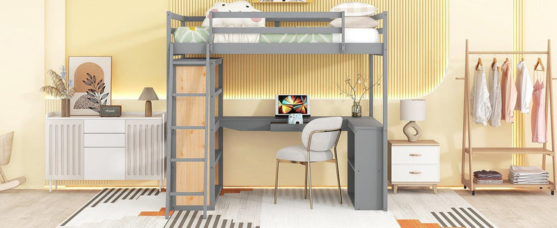 Full Size Loft Bed with Ladder, Shelves, and Desk, Gray - Urban Living Furniture (Los Angeles, CA)