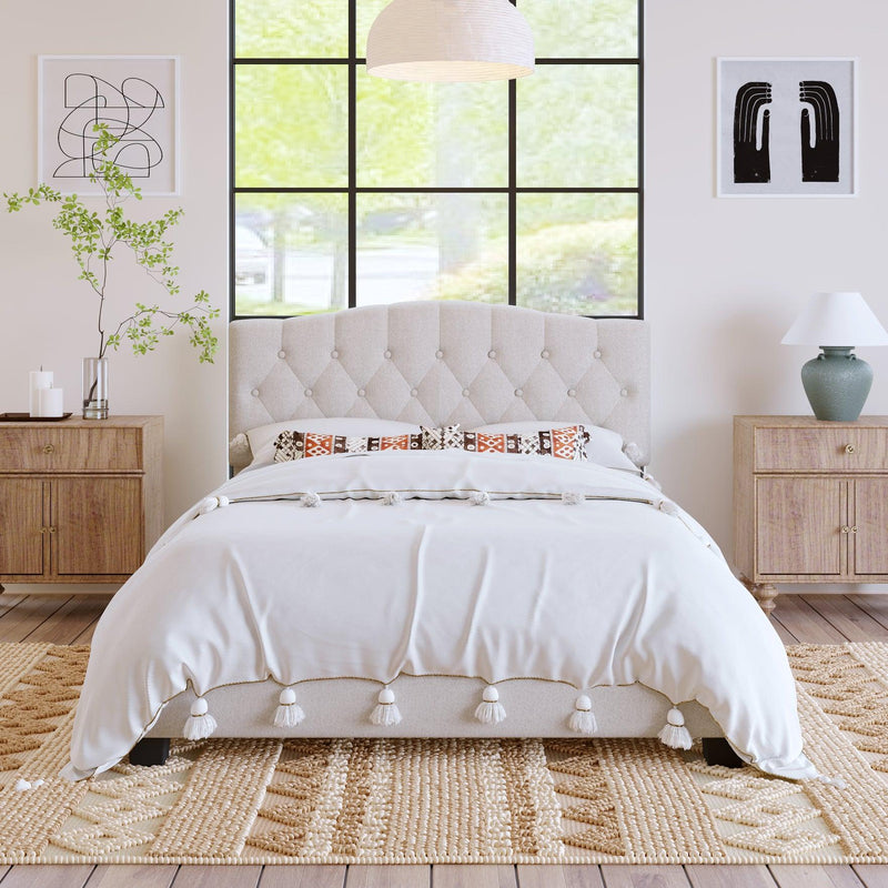 Upholstered Platform Bed with Saddle Curved Headboard and Diamond Tufted Details, Queen, Beige - Urban Living Furniture (Los Angeles, CA)