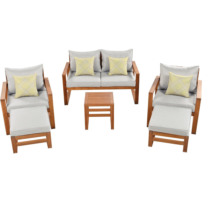 Outdoor Patio Wood 6-Piece Conversation Set, Sectional Garden Seating Groups Chat Set with Ottomans and Cushions for Backyard, Poolside, Balcony, Grey - Urban Living Furniture (Los Angeles, CA)