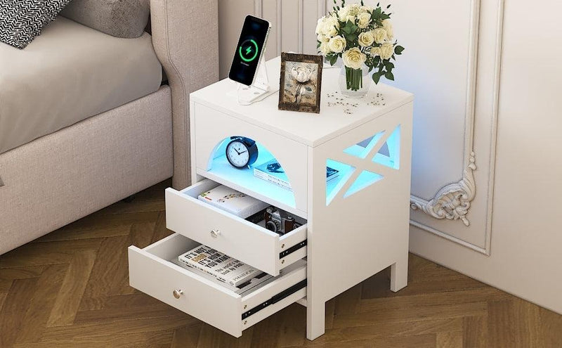 Nightstand with USB Charging Ports and LED Lights,End Table with 2 Drawers and Shelf,White - Urban Living Furniture (Los Angeles, CA)