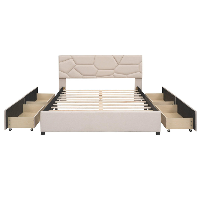 Queen Size Upholstered Platform Bed with Brick Pattern Heardboard and 4 Drawers, Linen Fabric, Beige - Urban Living Furniture (Los Angeles, CA)