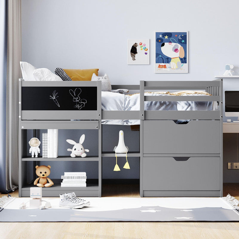 Twin Size Low Loft Bed with Rolling Desk, Shelf and Drawers - Gray - Urban Living Furniture (Los Angeles, CA)