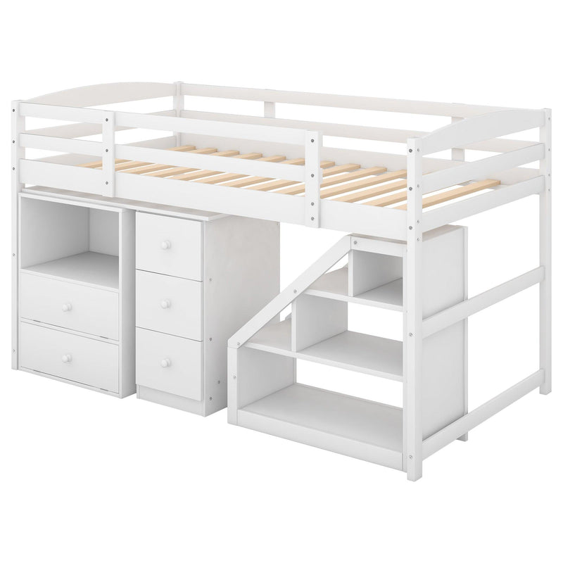 Twin Size Loft Bed with Multifunctional Movable Built-in Desk and and Staircase,White - Urban Living Furniture (Los Angeles, CA)