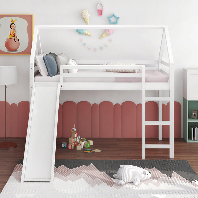 Twin Size Loft Bed with Slide, House Bed with Slide,White - Urban Living Furniture (Los Angeles, CA)