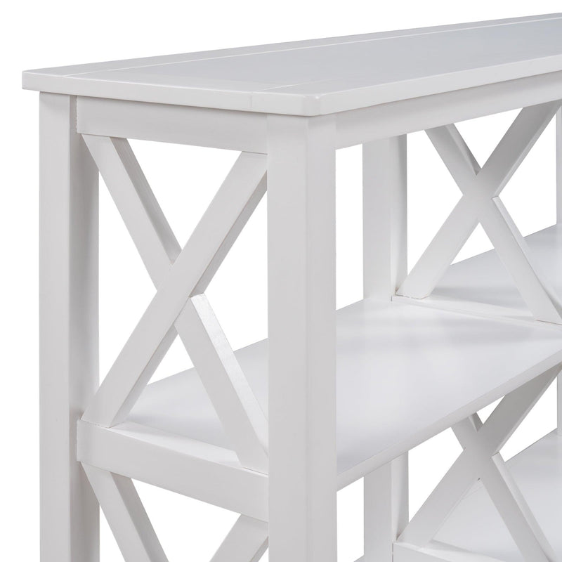 Console Table with 3-Tier OpenStorage Spaces and "X" Legs, Narrow Sofa Entry Table for Living Room (White)