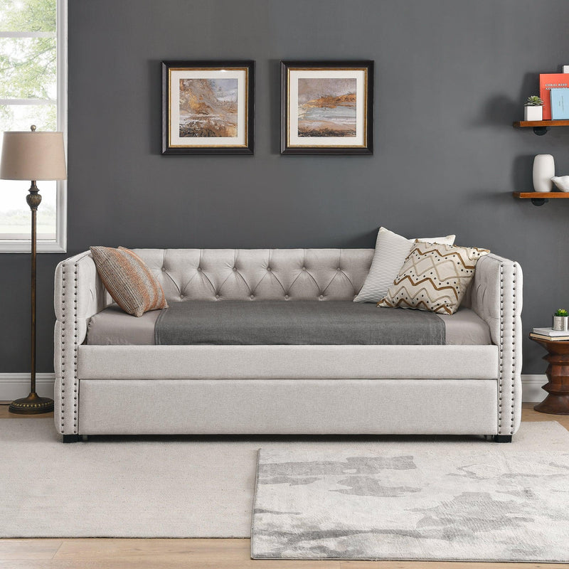 Daybed with Trundle Upholstered Tufted Sofa Bed, with Button and Copper Nail on Square Arms，both Twin Size, Beige（85“x42.5”x31.5“）