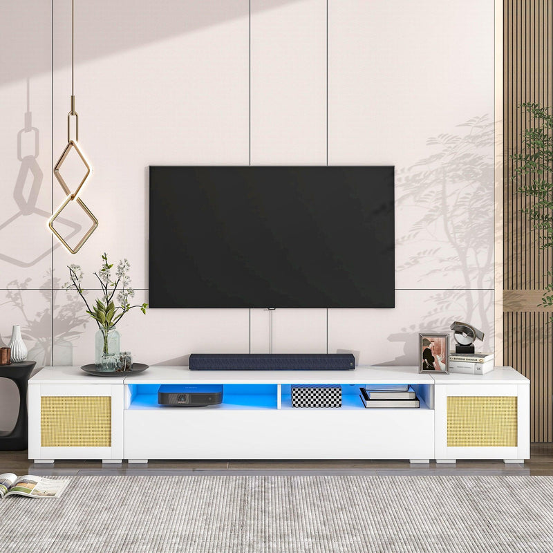 Rattan Style Entertainment Center with Push to Open Doors, 3-pics Extended TV Console Table for TVs Up to 90”,Modern TV Stand with Color Changing LED Lights for  Home Theatre, White - Urban Living Furniture (Los Angeles, CA)