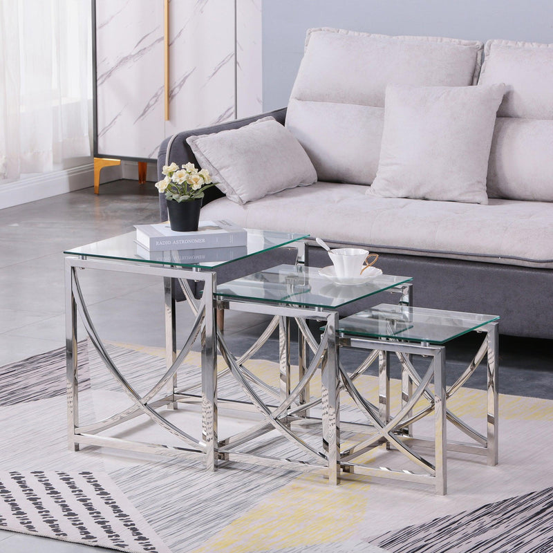 3 Pieces Silver Square Nesting Glass End Tables- Small Coffee Table Set- Stainless Steel Small Coffee Tables with Clear Tempered Glass- 18"Modern Minimalist Side Table for Living Room (Curve)