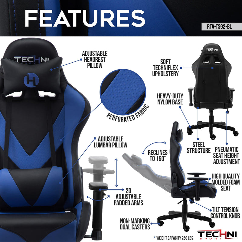 Techni Sport TS-92 Office-PC Gaming Chair, Blue - Urban Living Furniture (Los Angeles, CA)