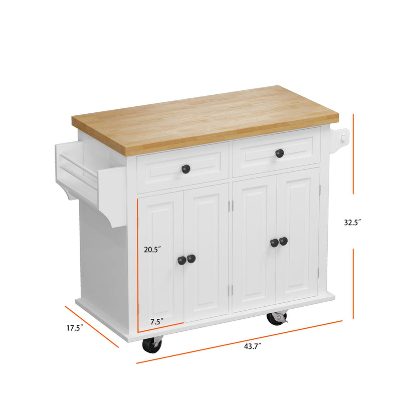 Kitchen Island Cart with TwoStorage Cabinets and Two Locking Wheels，43.31 Inch Width，4 Door Cabinet and Two Drawers，Spice Rack, Towel Rack （White） - Urban Living Furniture (Los Angeles, CA)