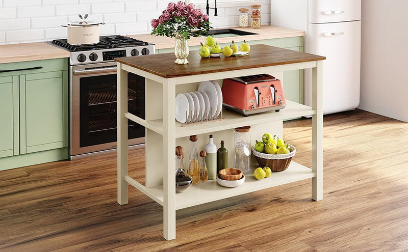 Solid Wood Rustic 3-piece 45" Stationary Kitchen Island Set with 2 Seatings, Rubber Wood Butcher Block Dining Table Set Prep Table Set with 2 Open Shelves for Small Places,Walnut+Cream White - Urban Living Furniture (Los Angeles, CA)