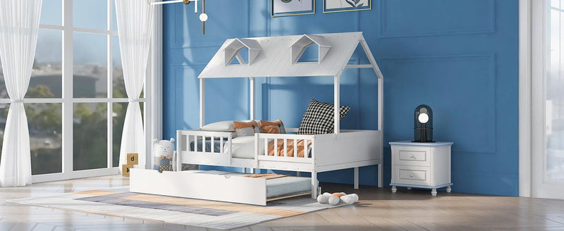 Full Size House Bed Wood Bed with  Twin Size Trundle ( White ) - Urban Living Furniture (Los Angeles, CA)