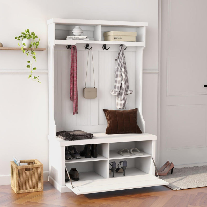 Entryway hall tree with coat rack 4 hooks andStorage benchShoe cabinet white