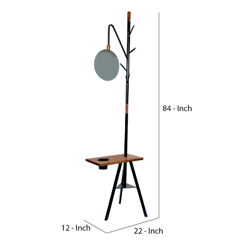 84 Inch Metal Coat Rack, Built In Mirror and Acacia Wood Accessory Table, Brown, Black - Urban Living Furniture (Los Angeles, CA)