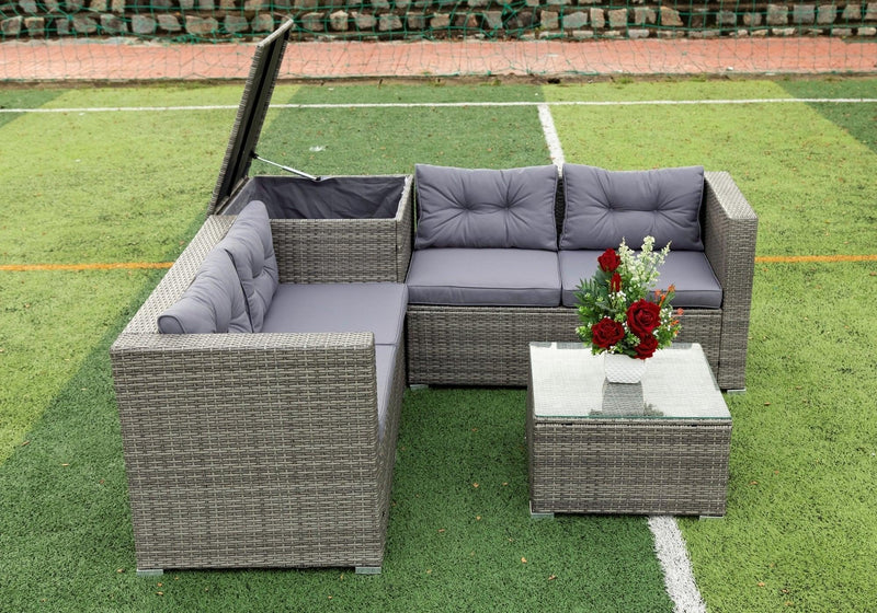 4 Piece Patio Sectional Wicker Rattan Outdoor Furniture Sofa Set withStorage Box Grey