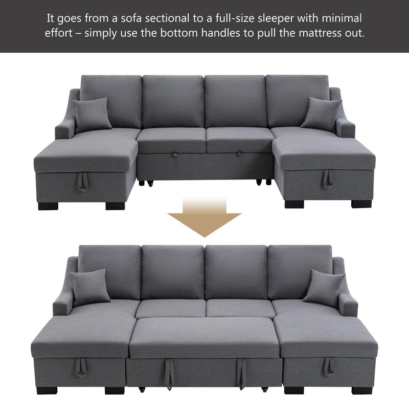 Upholstery Sleeper Sectional Sofa with DoubleStorage Spaces, 2 Tossing Cushions, Grey