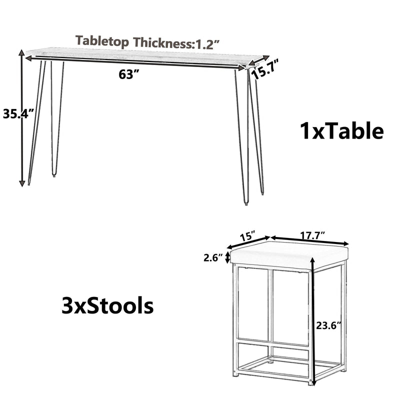 Updated 4 Pieces Counter Height Extra Long Dining Table Set with 3 PU Stools Bar Kitchen Table Set Console Table,Rustic Brown Table+Black Stool - Urban Living Furniture (Los Angeles, CA)