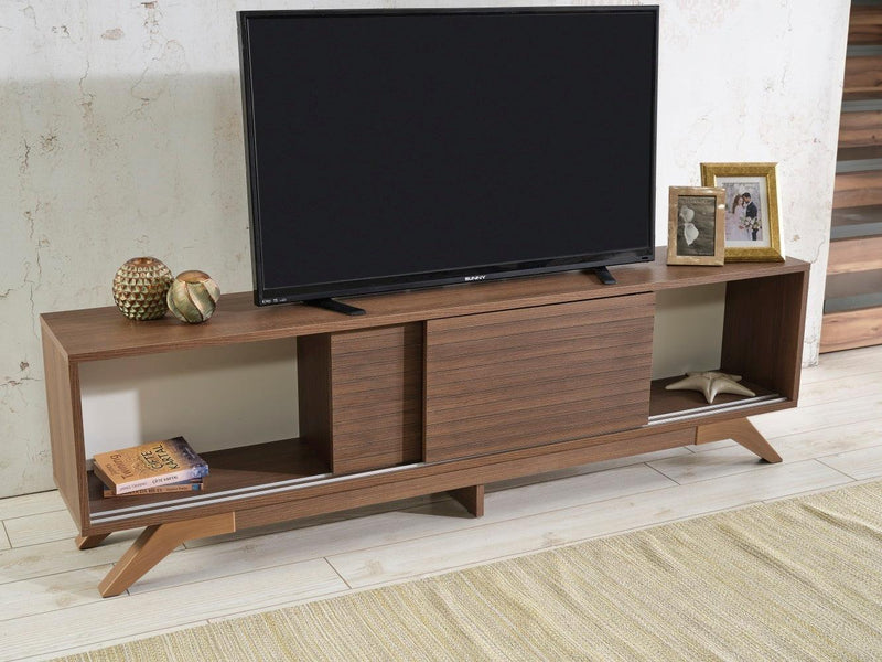 Luxia Mid CenturyModern Tv Stand 2 Sliding Door Cabinet 2 Shelves 67 inch Tv Unit, Walnut - Urban Living Furniture (Los Angeles, CA)