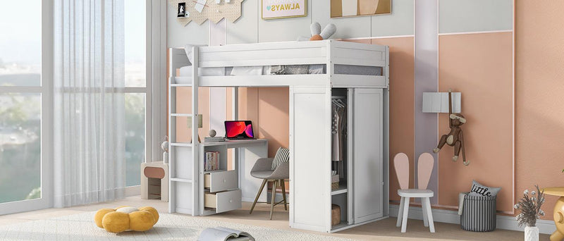 Wood Twin Size Loft Bed with Wardrobes and 2-Drawer Desk with Cabinet, White - Urban Living Furniture (Los Angeles, CA)